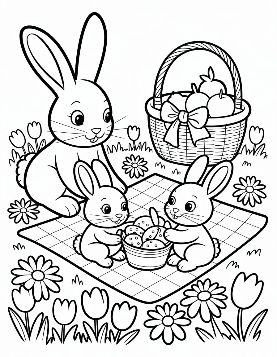 spring bunny picnic coloring page
