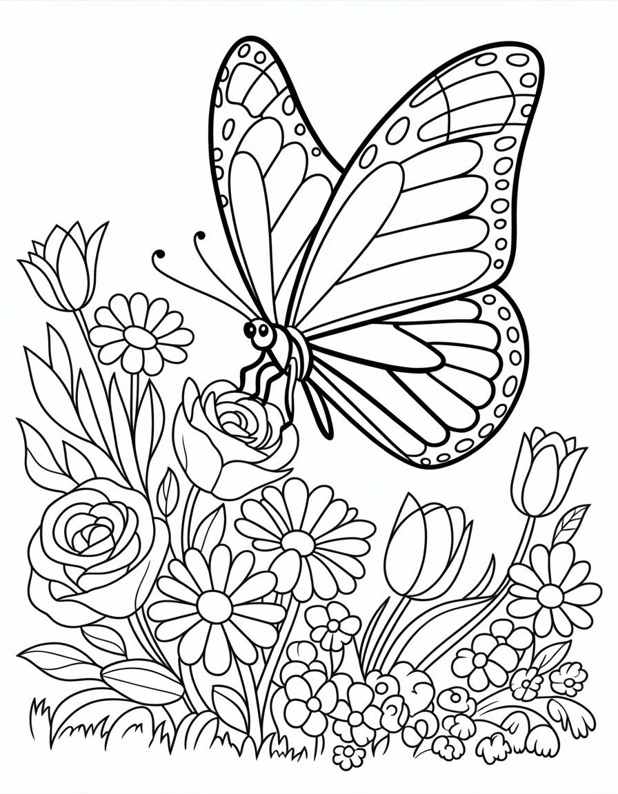 coloring page butterfly and flowers