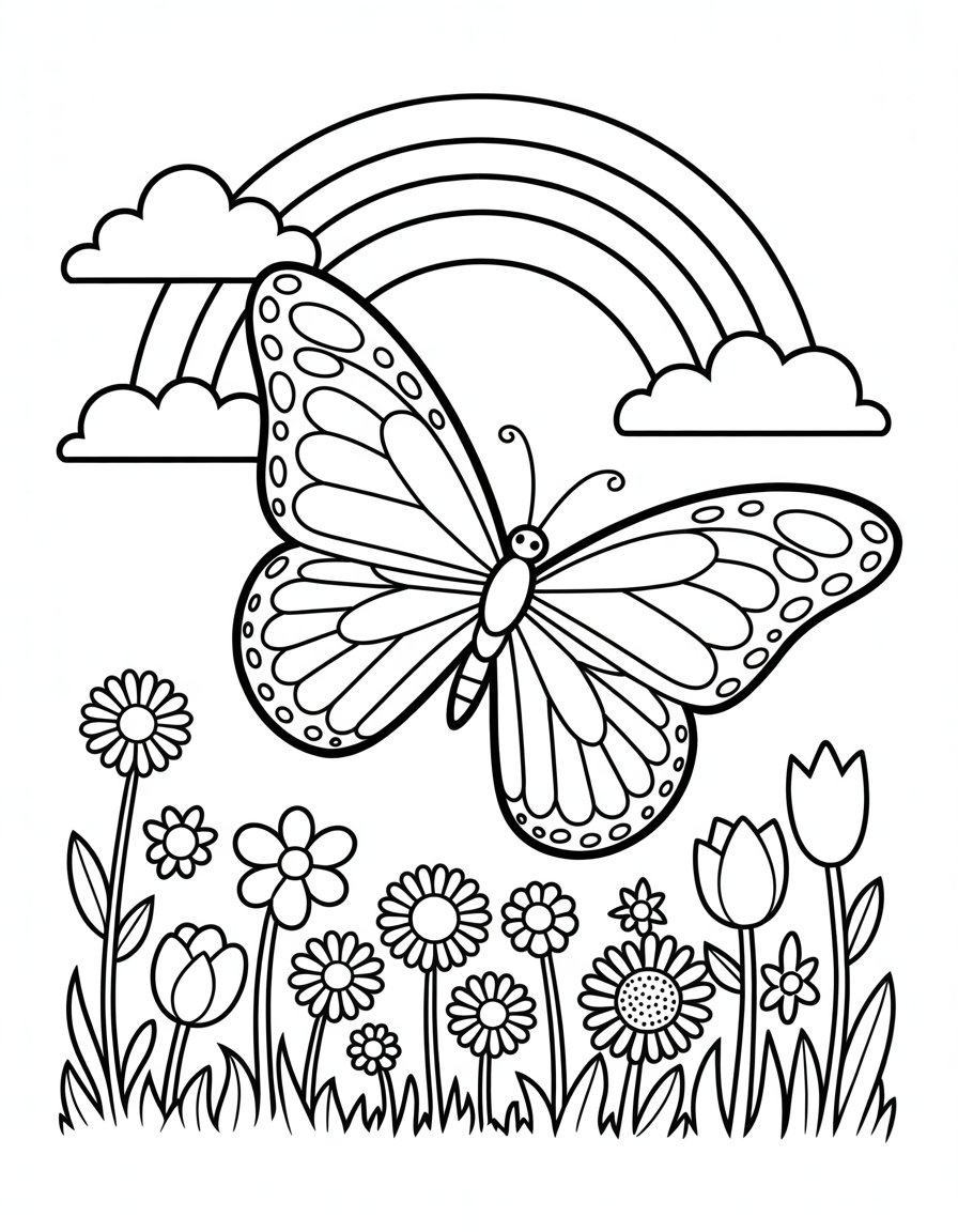 flowers butterfly rainbow coloring page