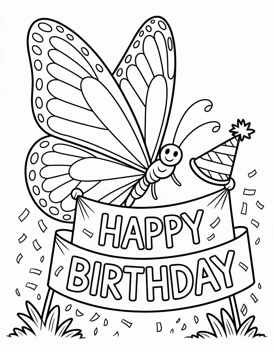 happy birthday butterfly coloring page