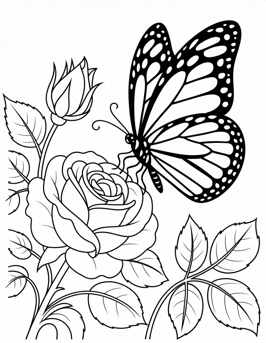 rose and butterfly coloring page