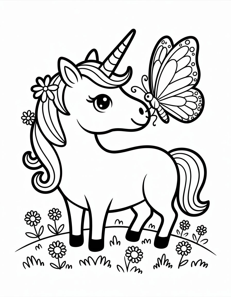 unicorn and butterfly coloring page