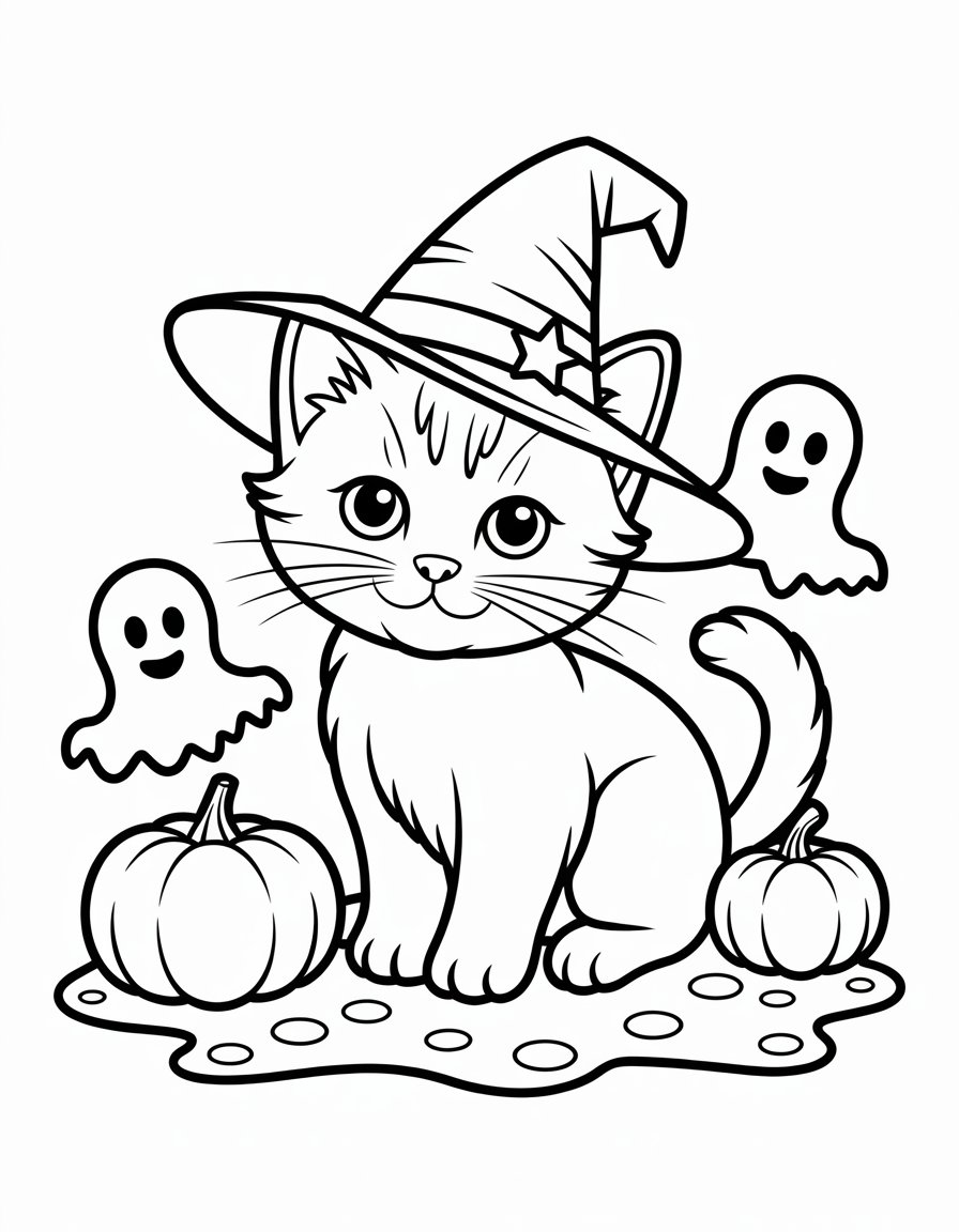kitten cute halloween cat coloring page
