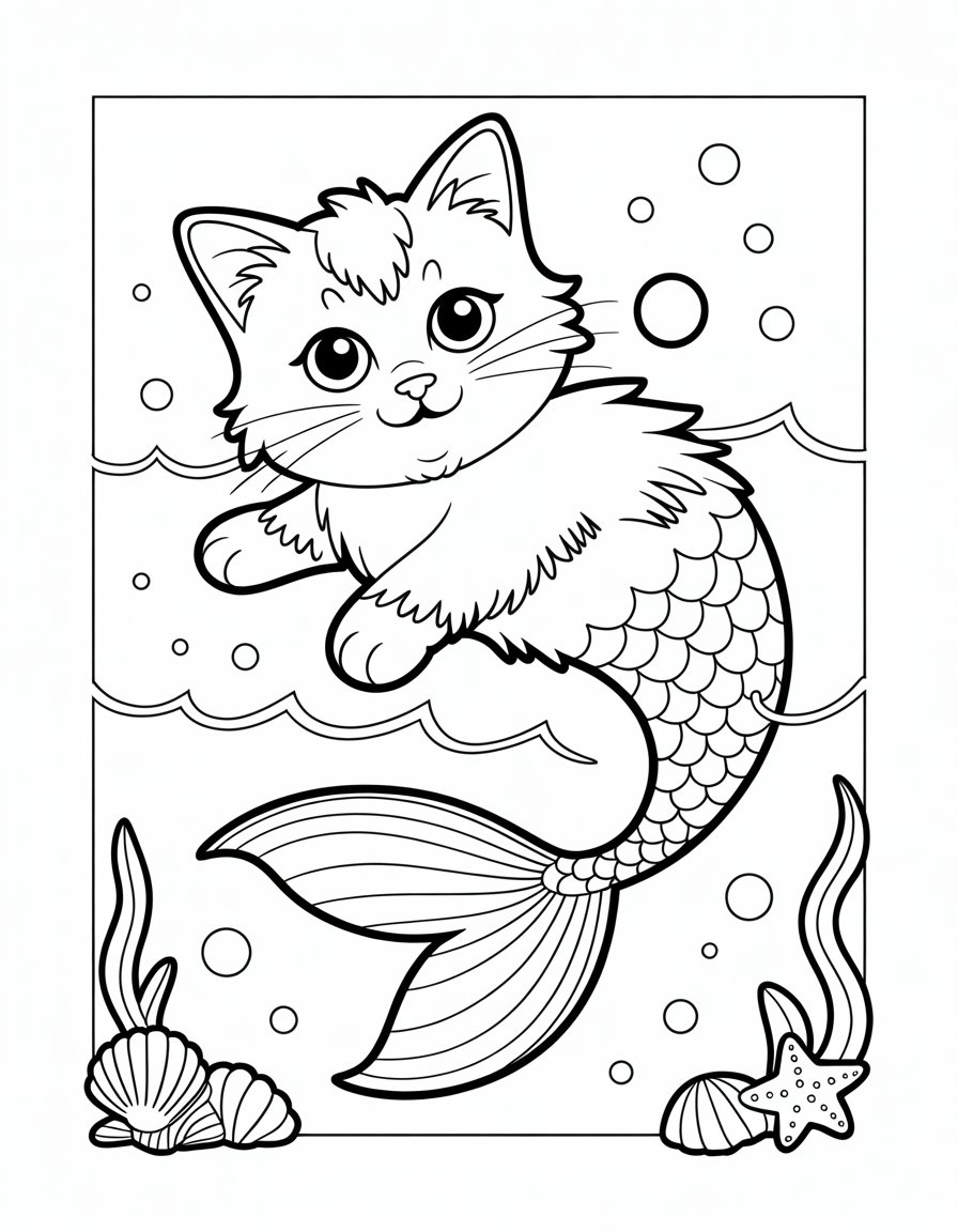 mermaid cat coloring page
