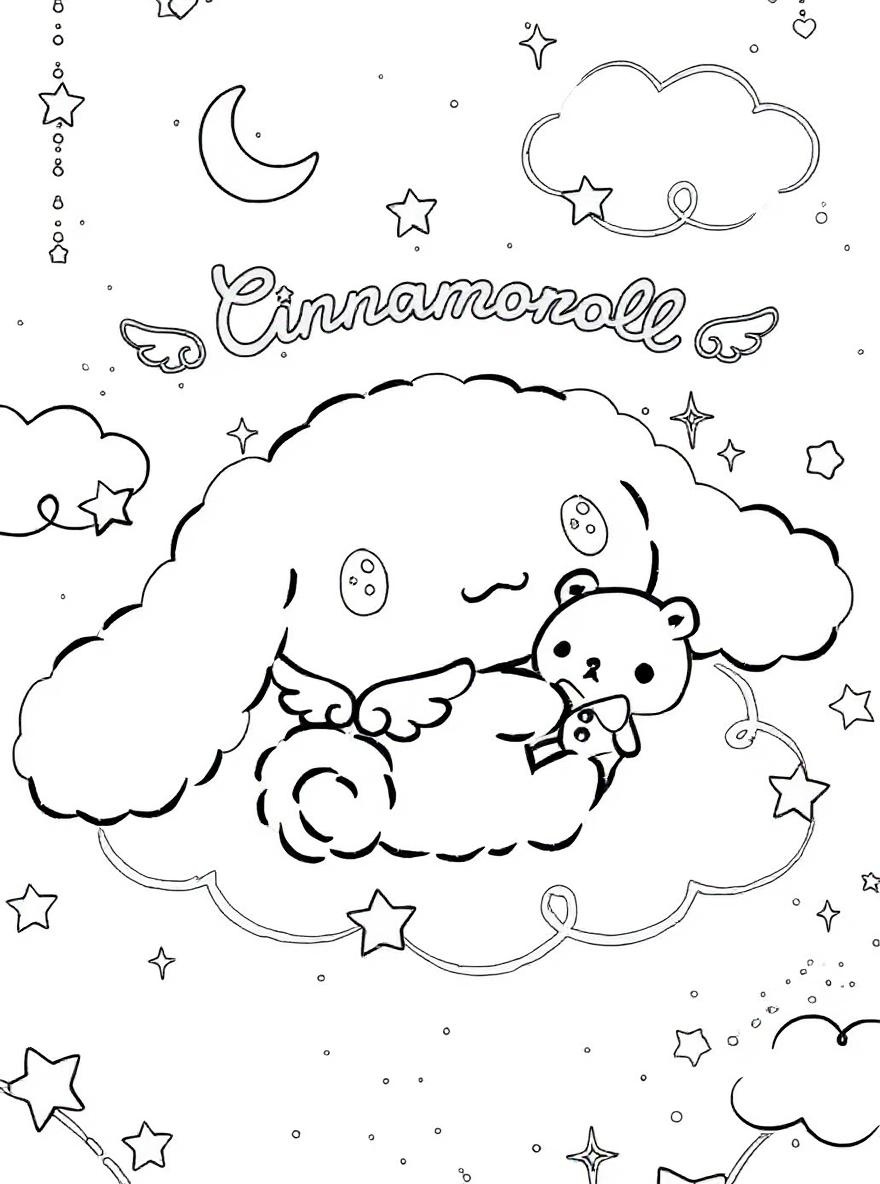 Cinnamoroll holding teddy bear coloring page