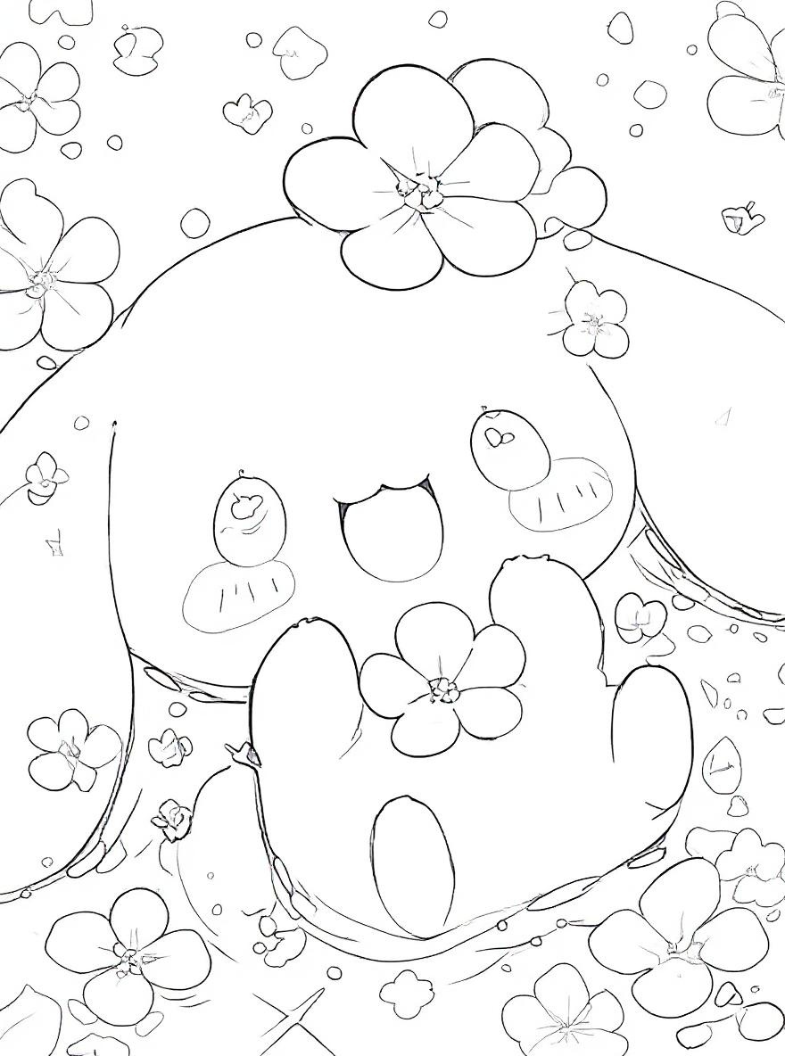 Cinnamoroll surrounded by flowers coloring page