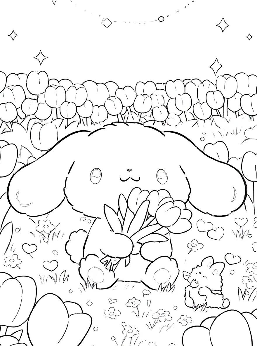 Cinnamoroll with tulips coloring page