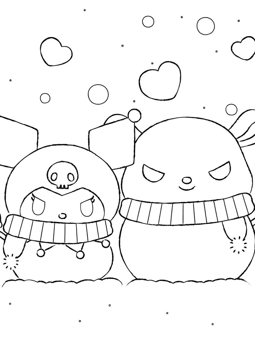 My Melody and Kuromi snowmen coloring page