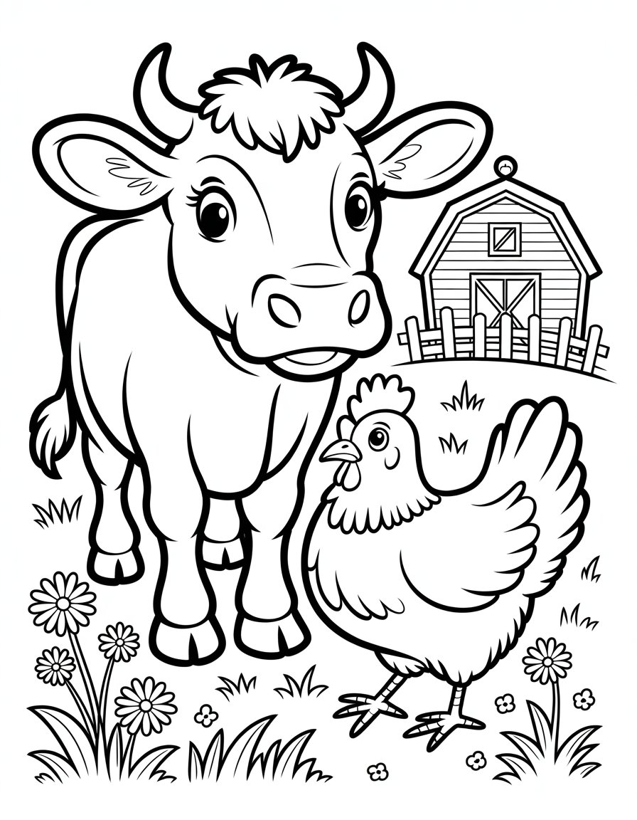 cow and chicken coloring page