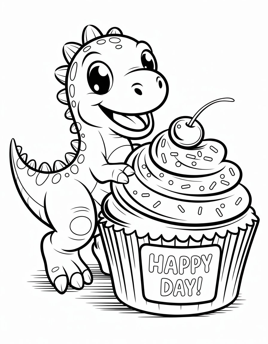 cupcake and dino coloring page
