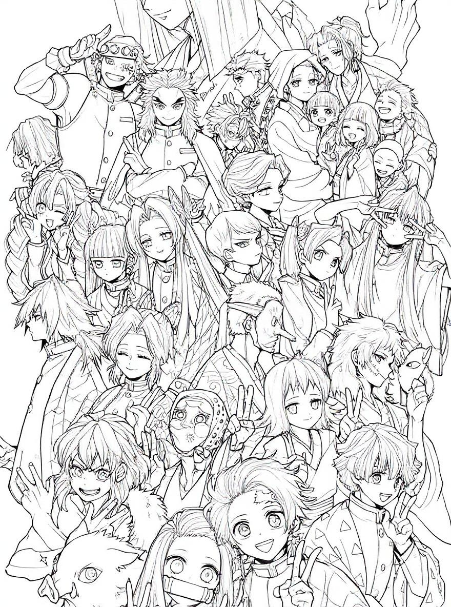 Demon Slayer characters group coloring page