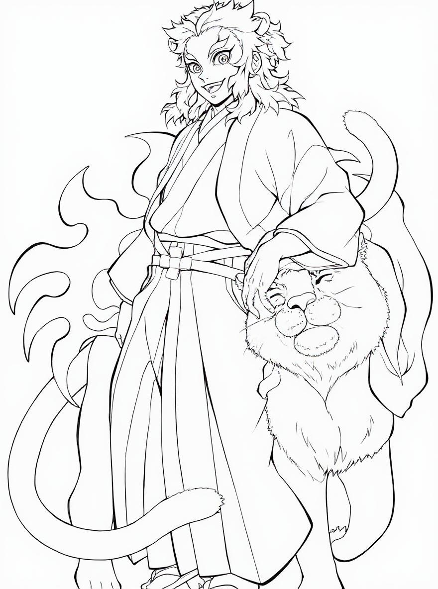 Demon Slayer Rengoku and tiger coloring page