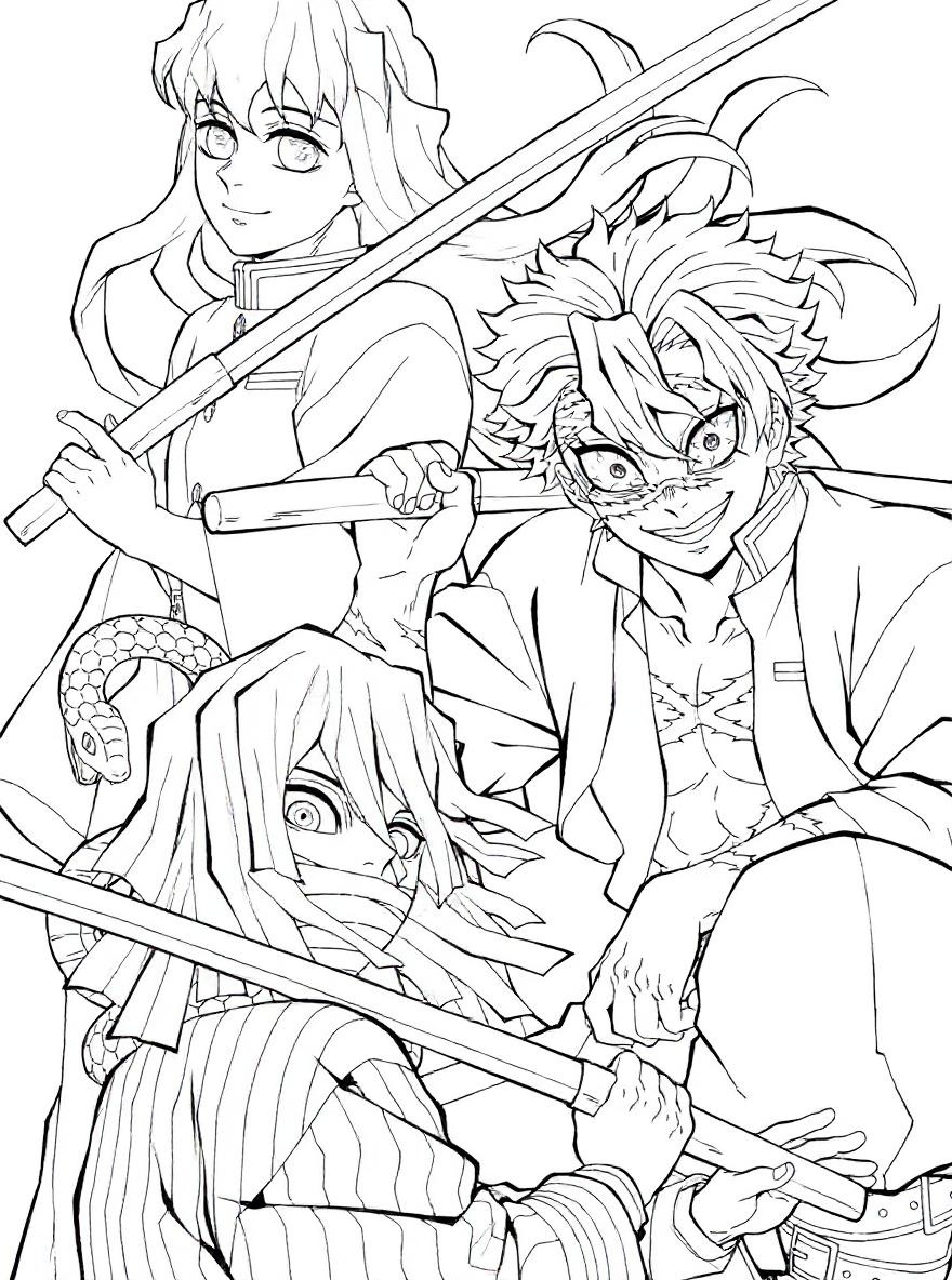 Demon slayer three characters coloring page