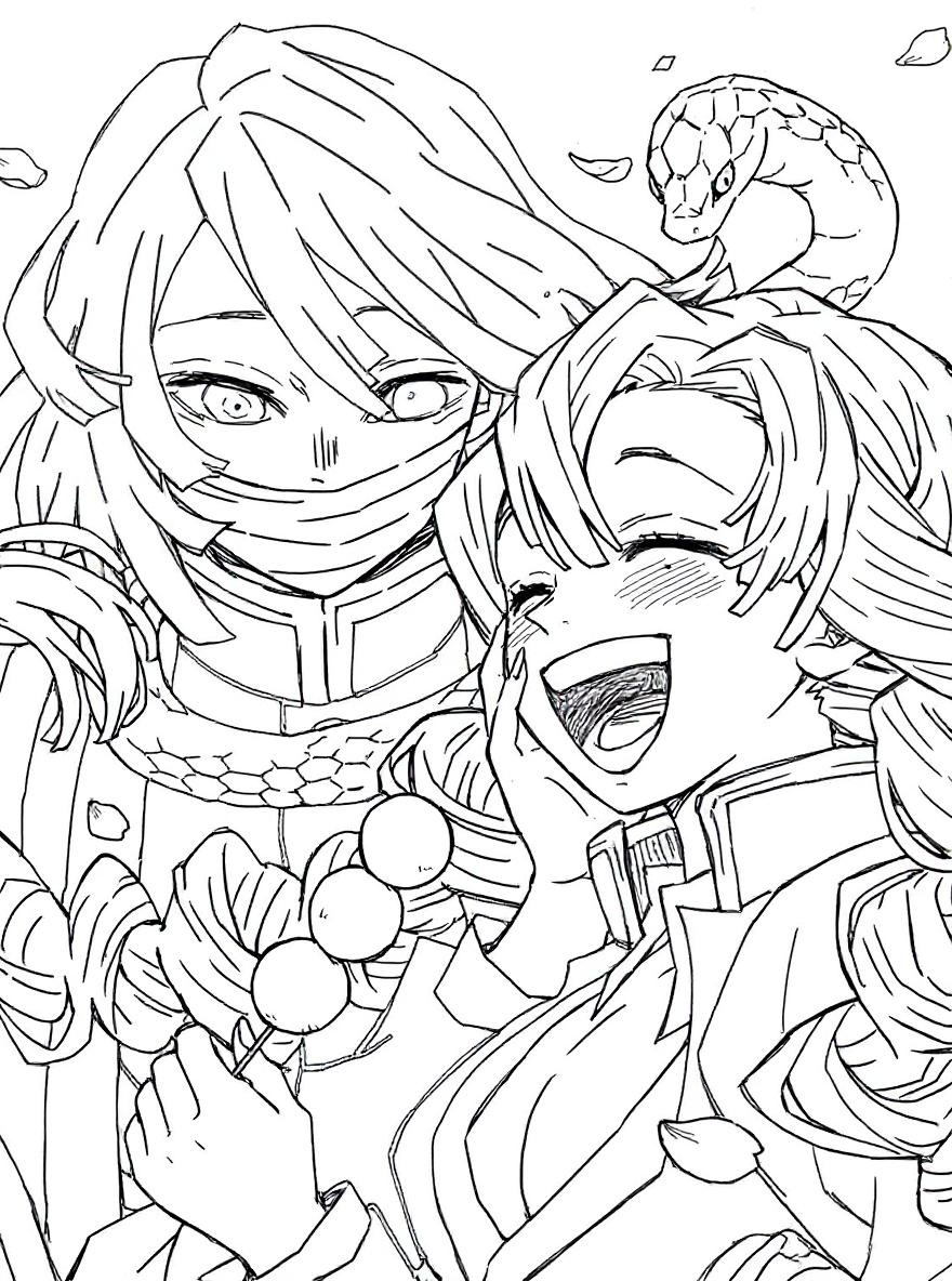 happy demon slayer couple coloring page