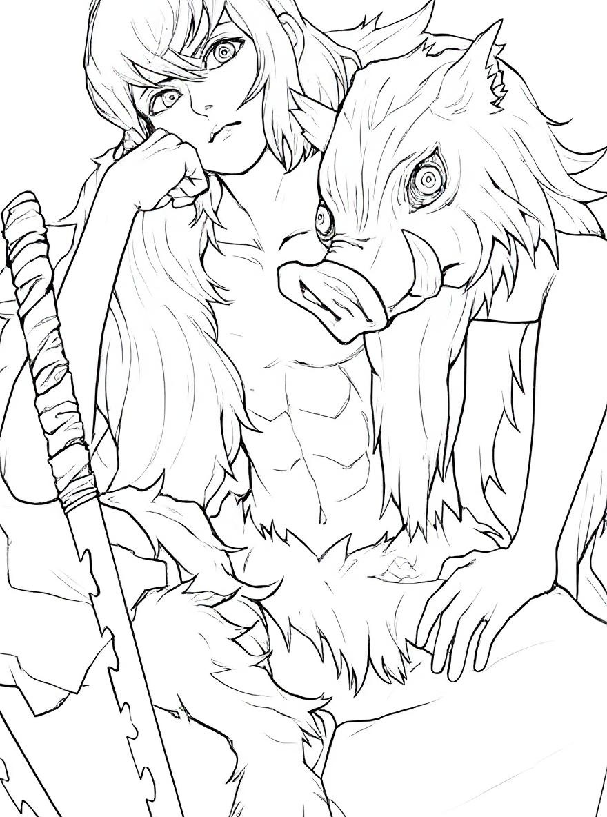 Inosuke with his boar mask coloring page