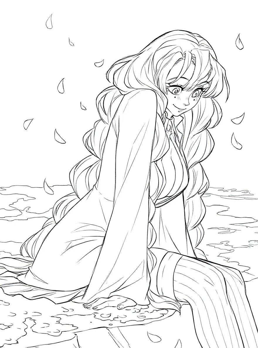 Mitsuri with cherry blossoms coloring page