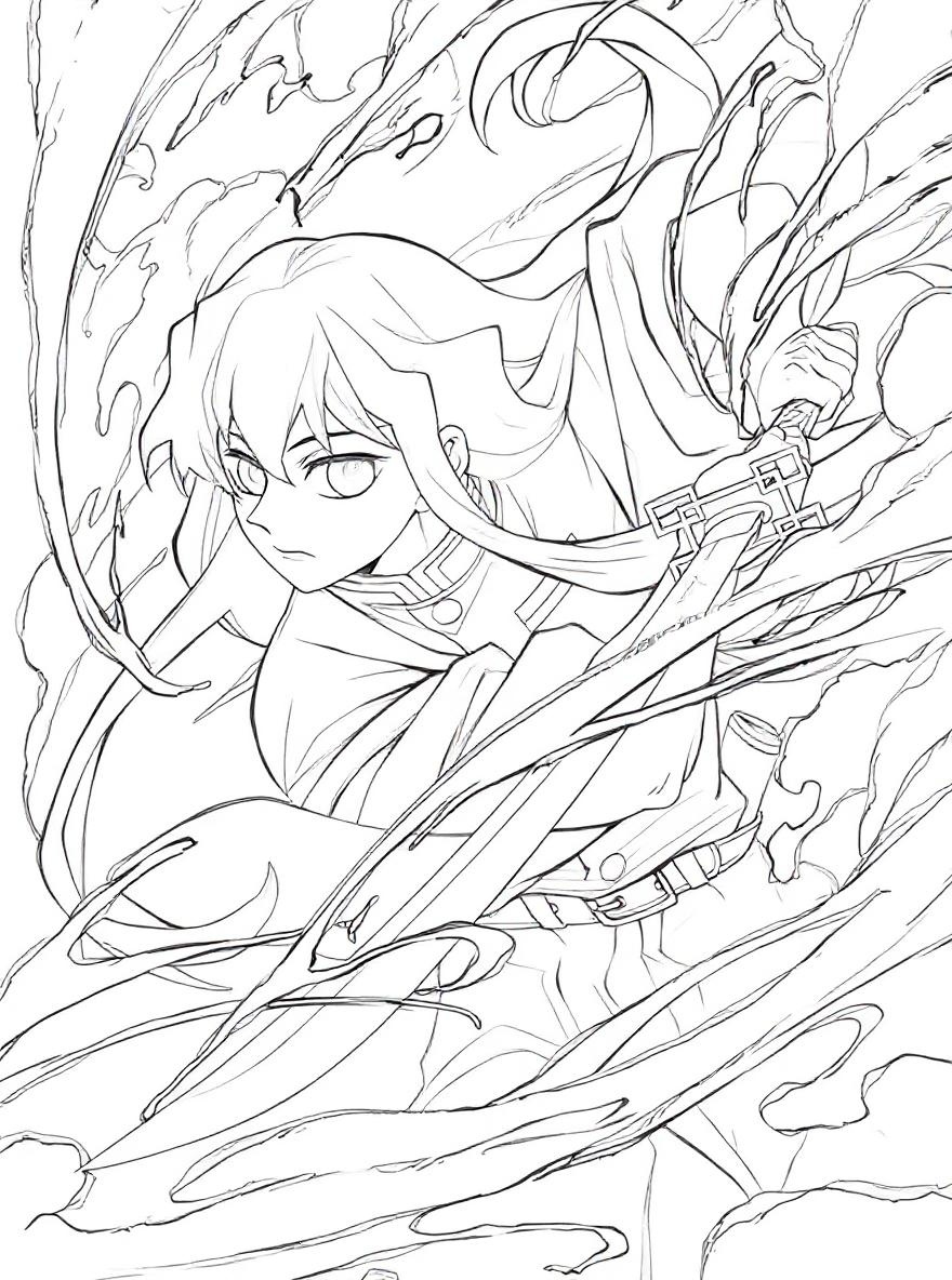 Muichiro wielding his katana coloring page