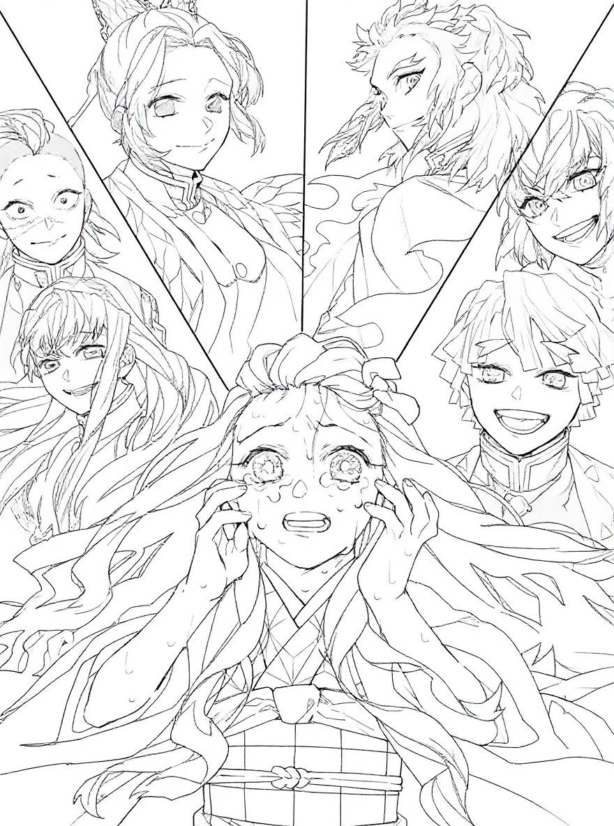 Nezuko surrounded by friends coloring page