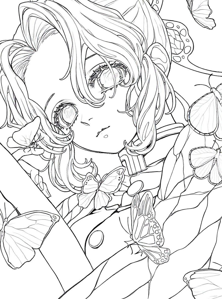 Shinobu Kocho with butterflies coloring page