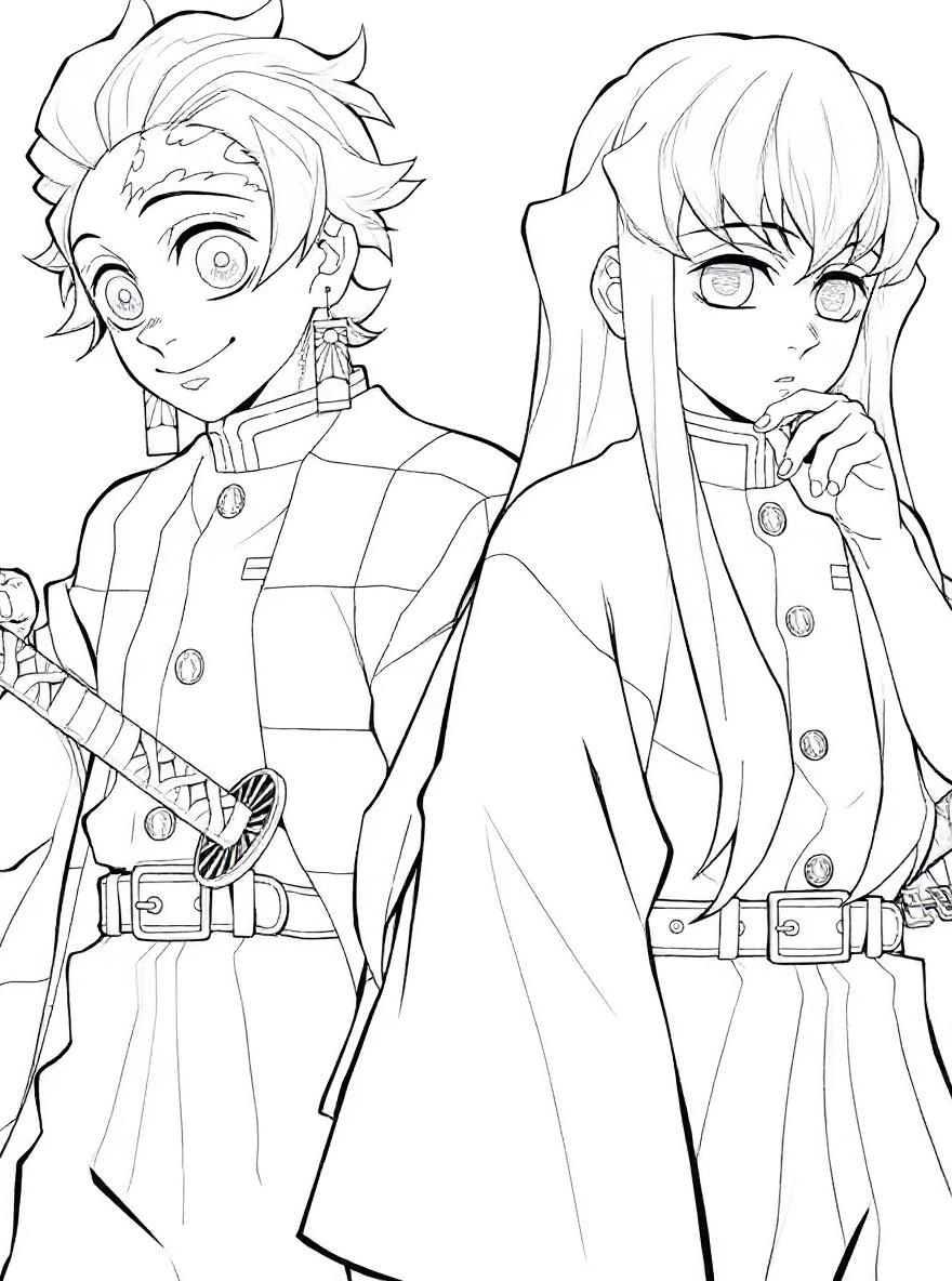 Tanjiro and Muichiro coloring page