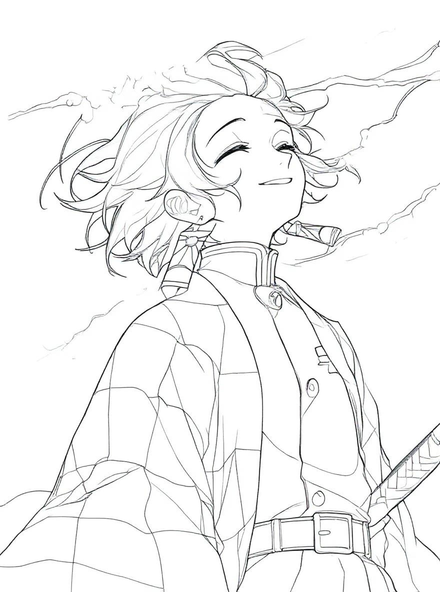 Tanjiro under cherry blossoms coloring page
