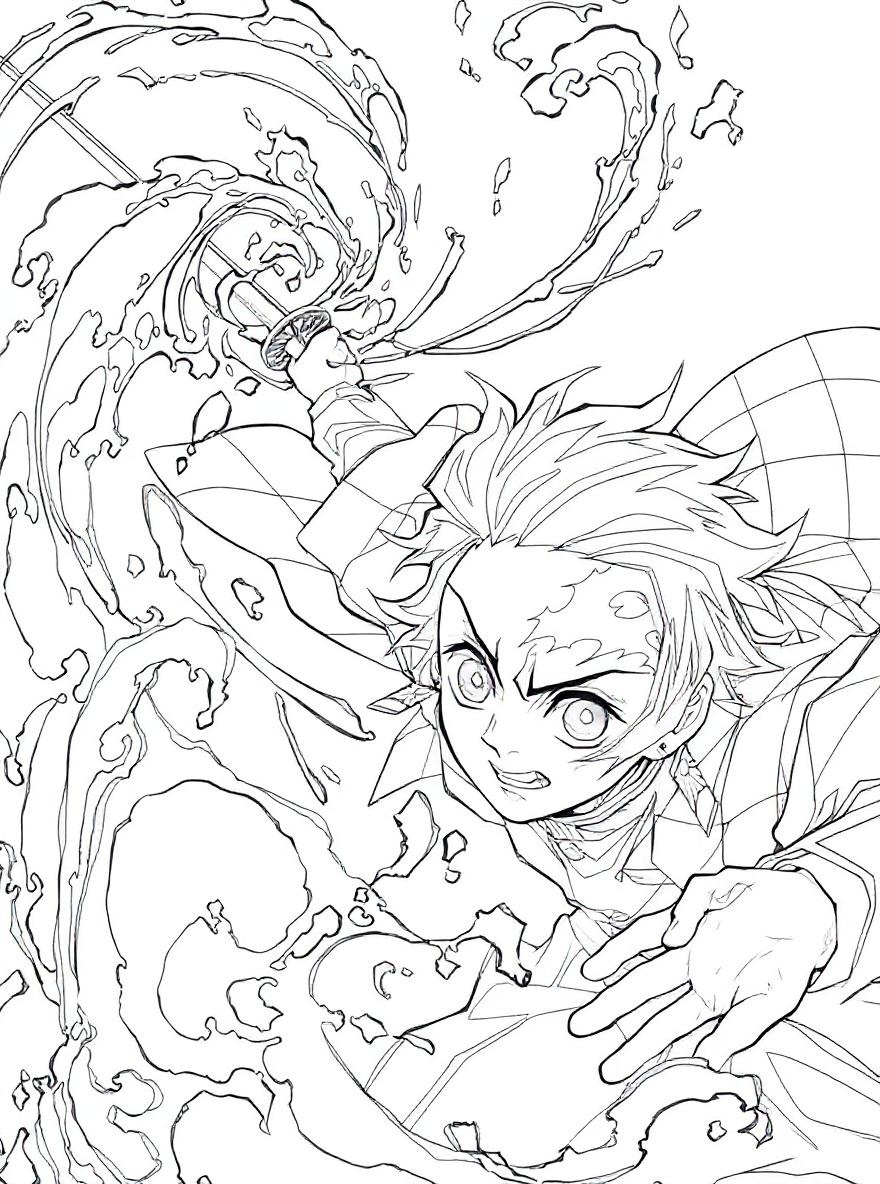 Tanjiro using fire breathing coloring page