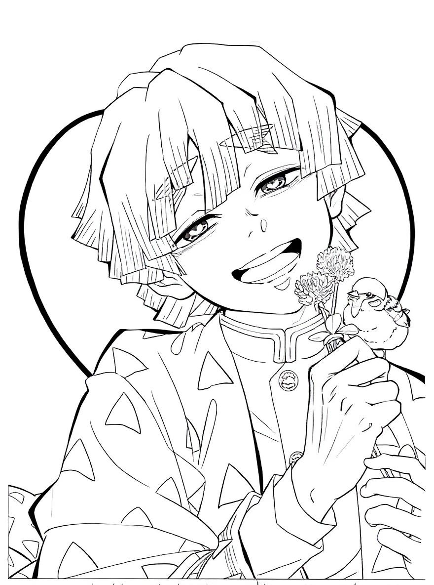 Zenitsu with flowers and bird coloring page