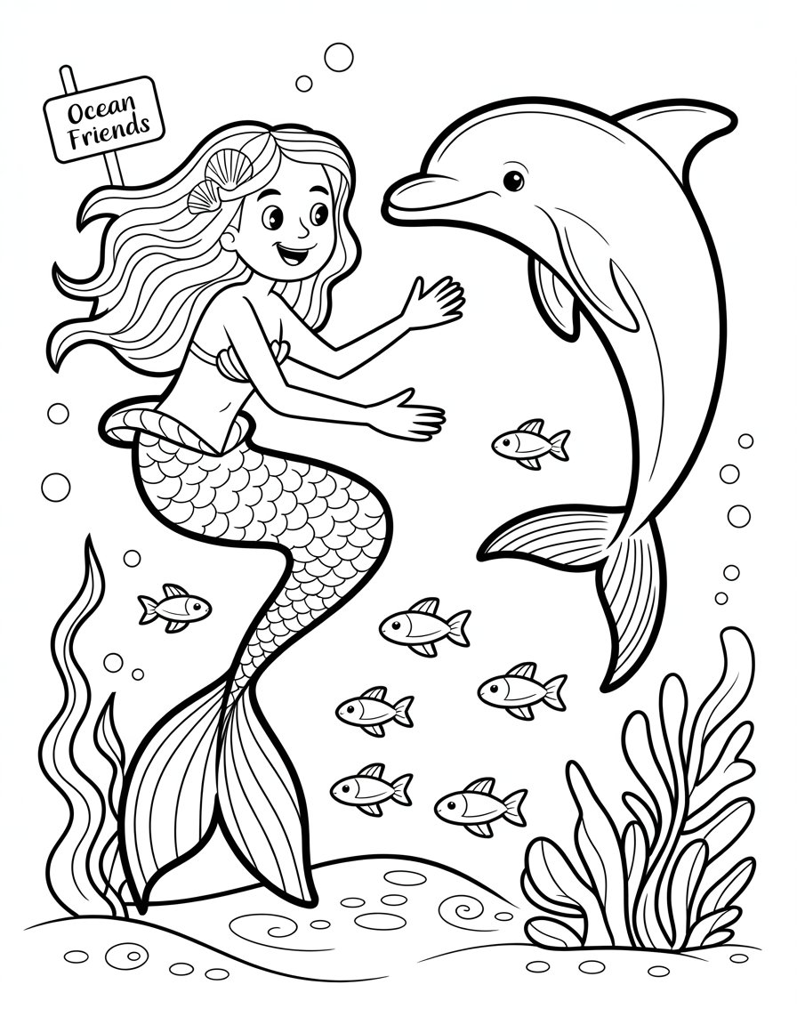 mermaid and dolphin coloring page