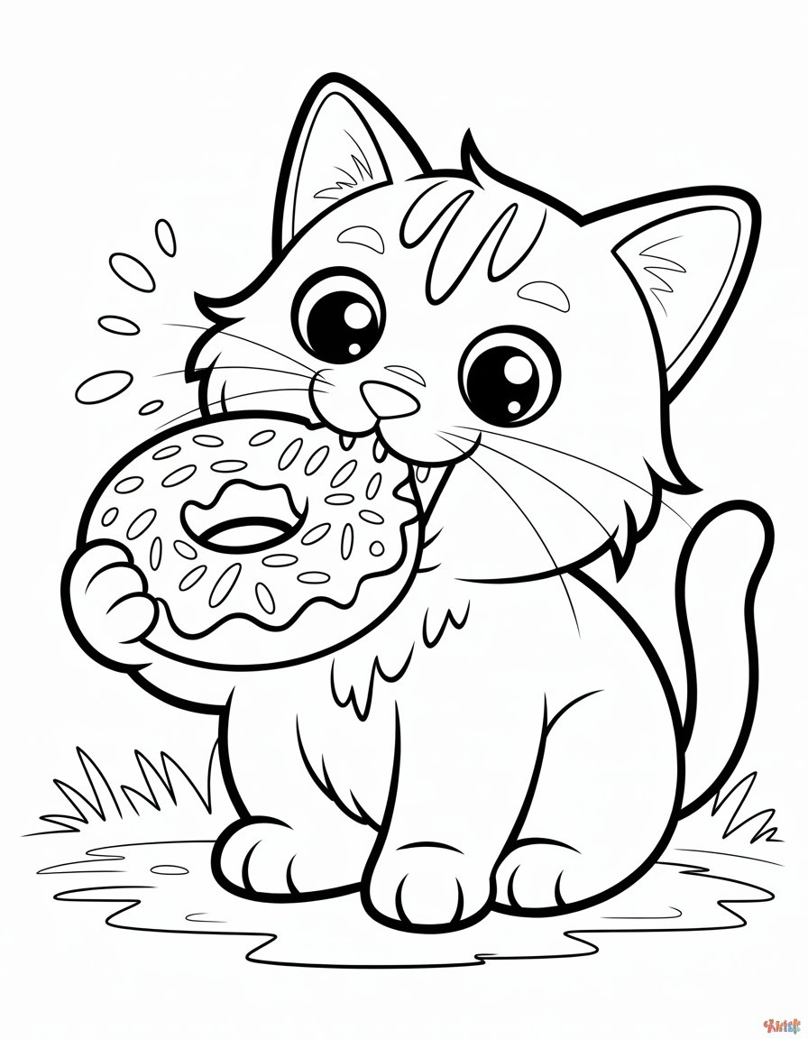 cat eating donut coloring page