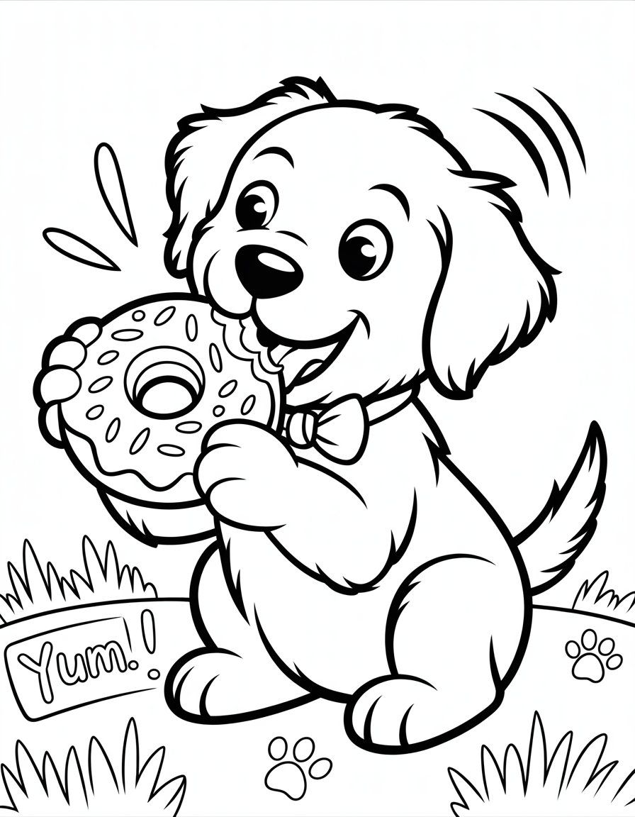 dog eating donut coloring page