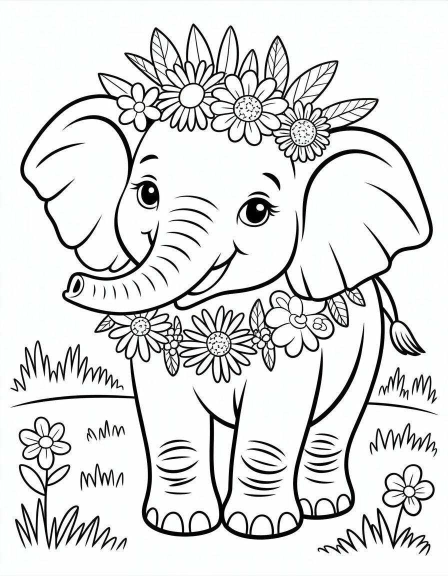 elephant with flowers coloring page