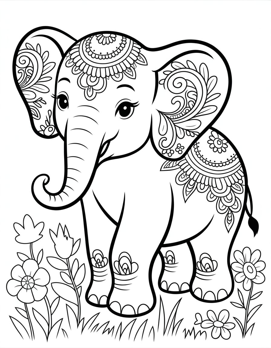 henna elephant coloring page