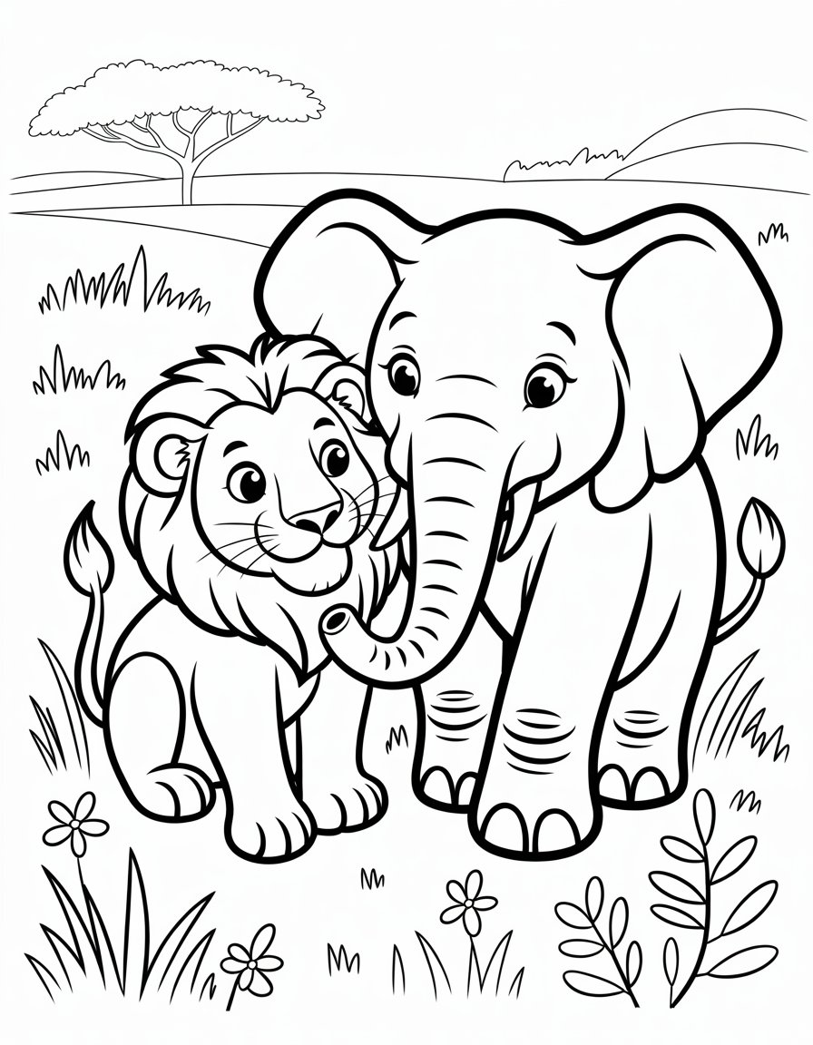 lion and elephant coloring page