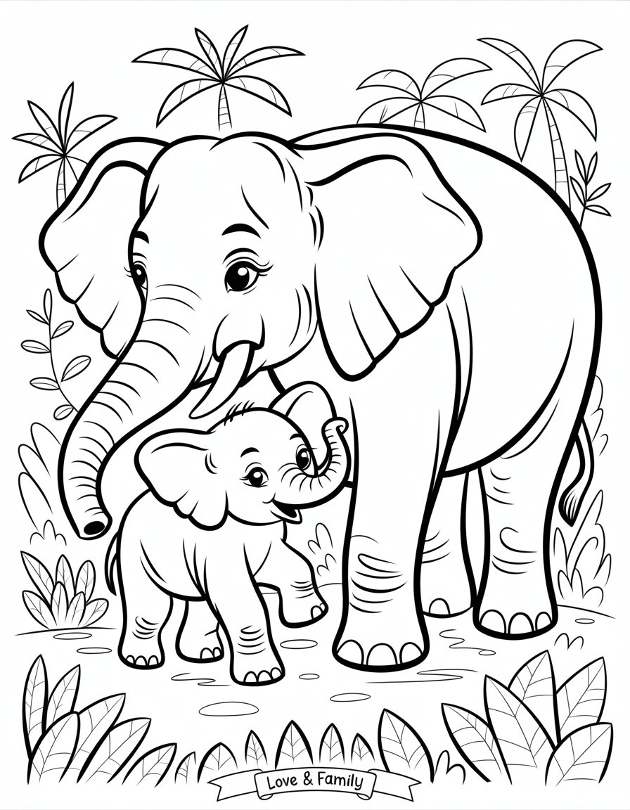 mom and baby elephant coloring page