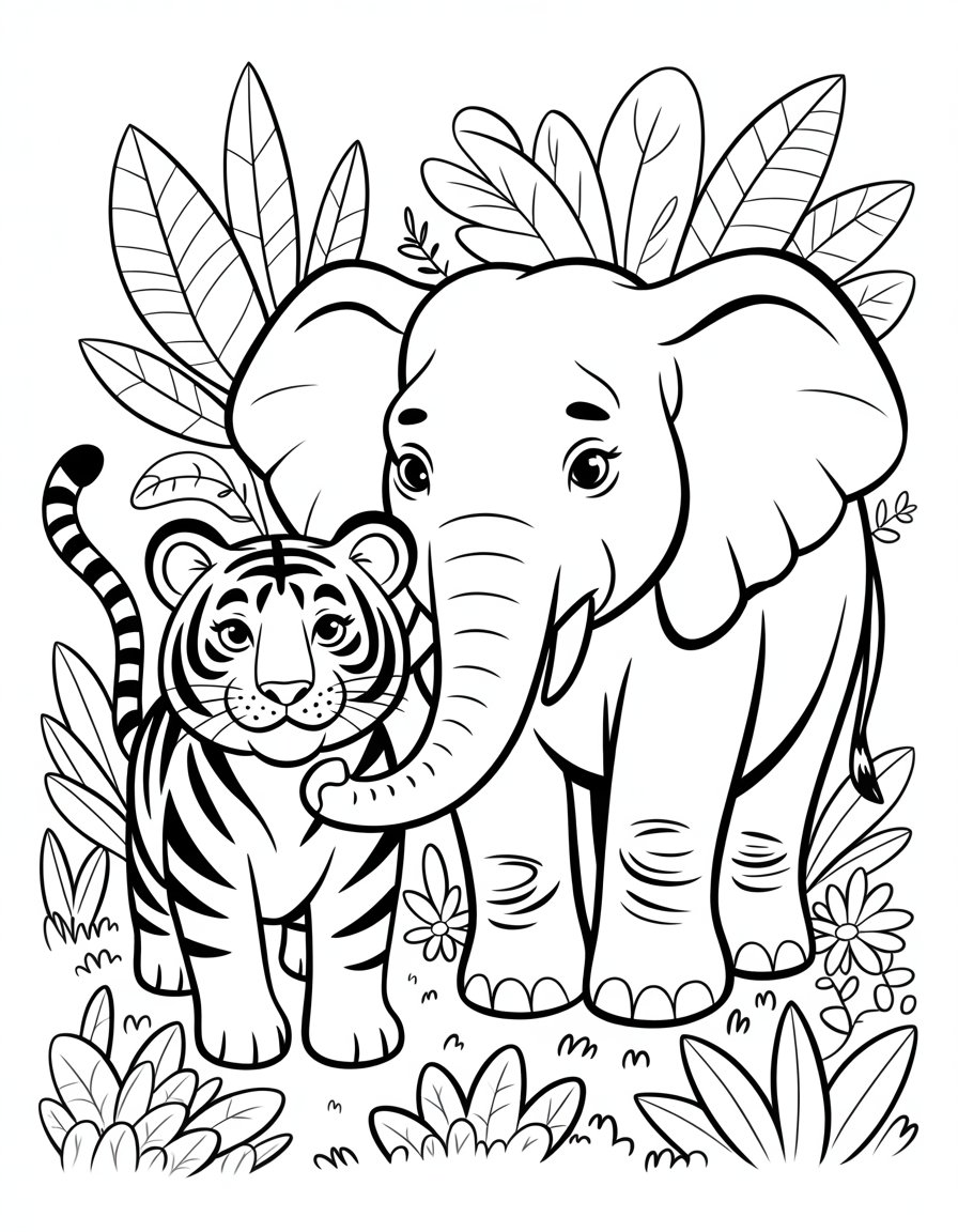 tiger and elephant coloring page