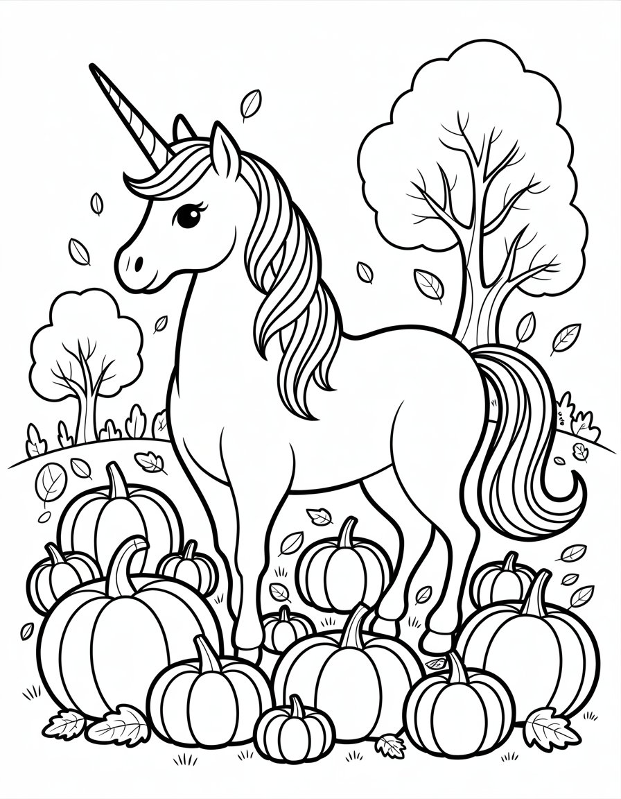 fall unicorn coloring page