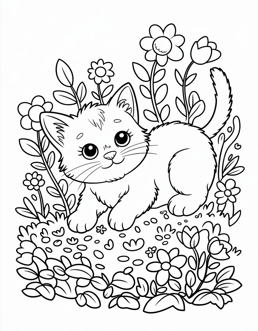 cat and flower coloring page