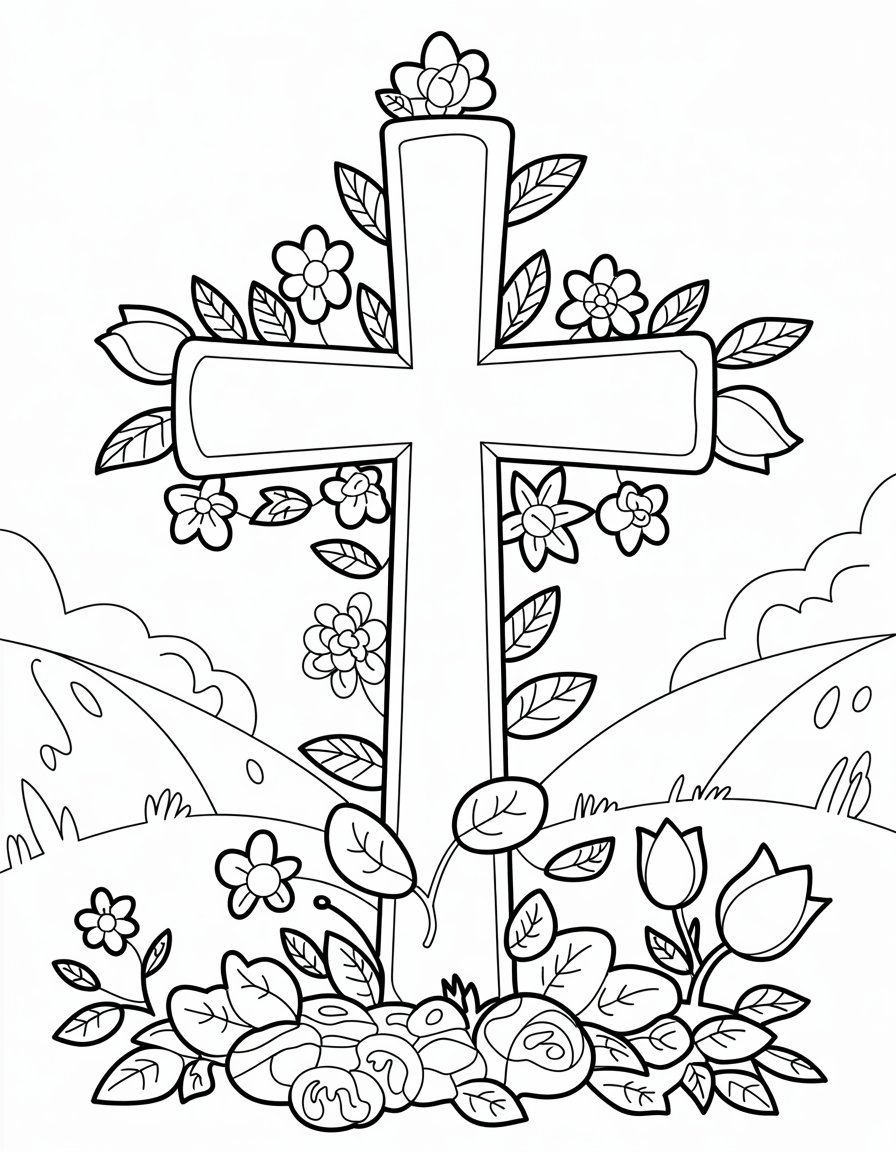 cross with flowers coloring page