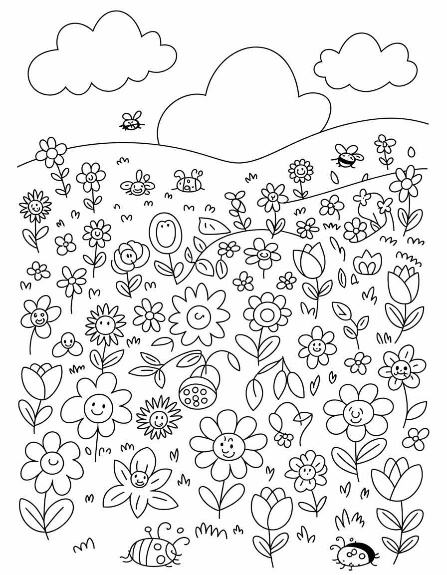field of flowers coloring page