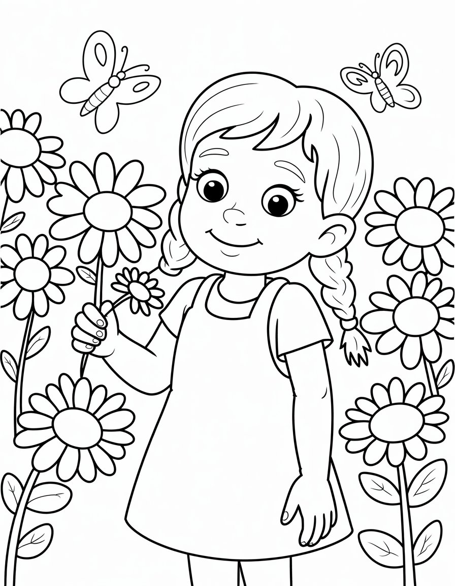 girl with flower coloring page