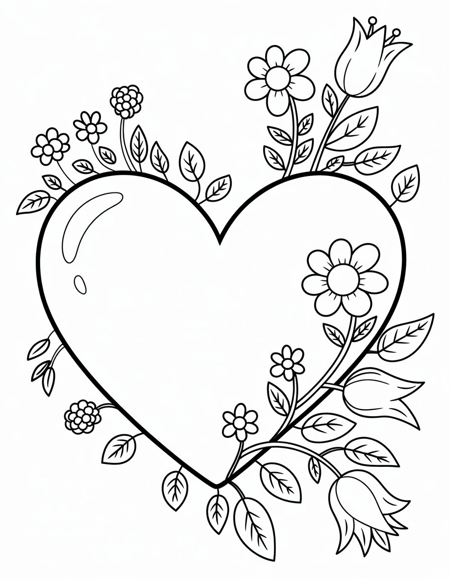heart and flower coloring page