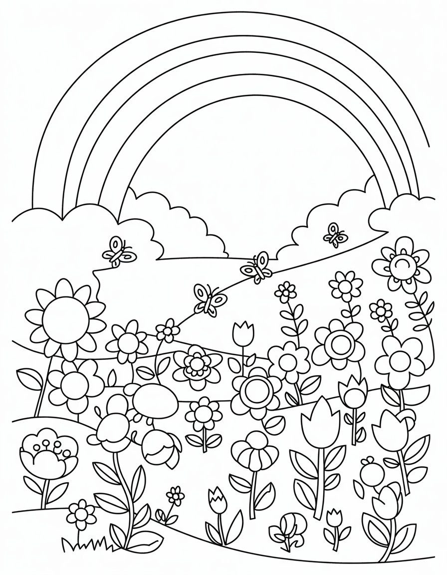 rainbow and flower coloring page