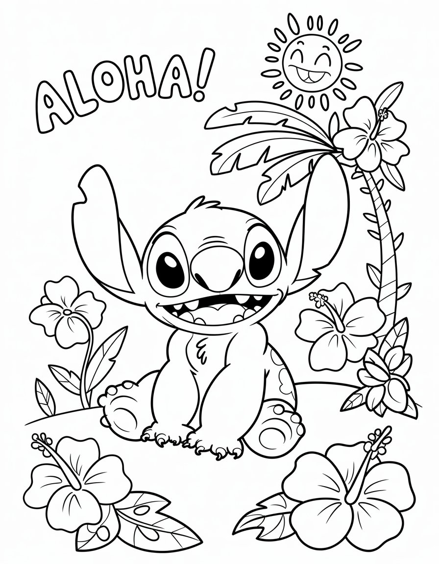 stitch with flowers coloring page