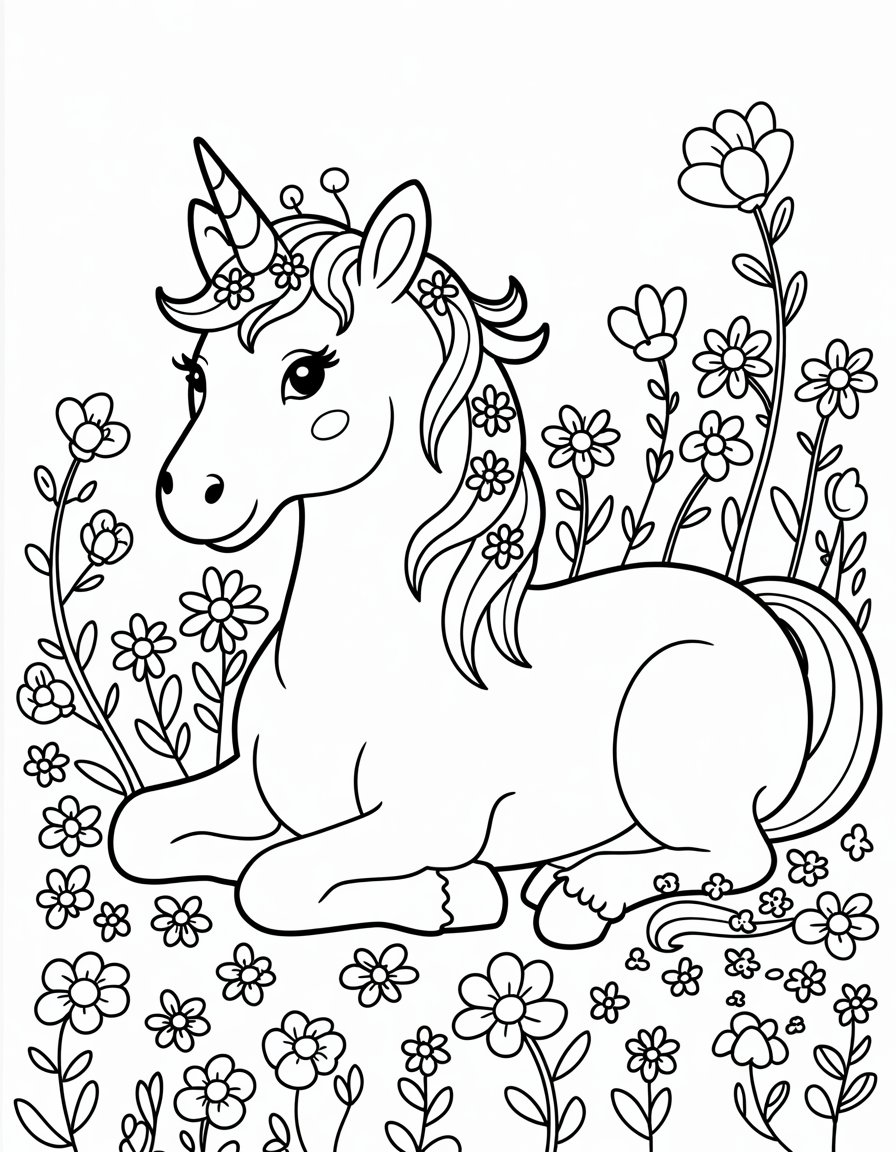 unicorn and flower coloring page