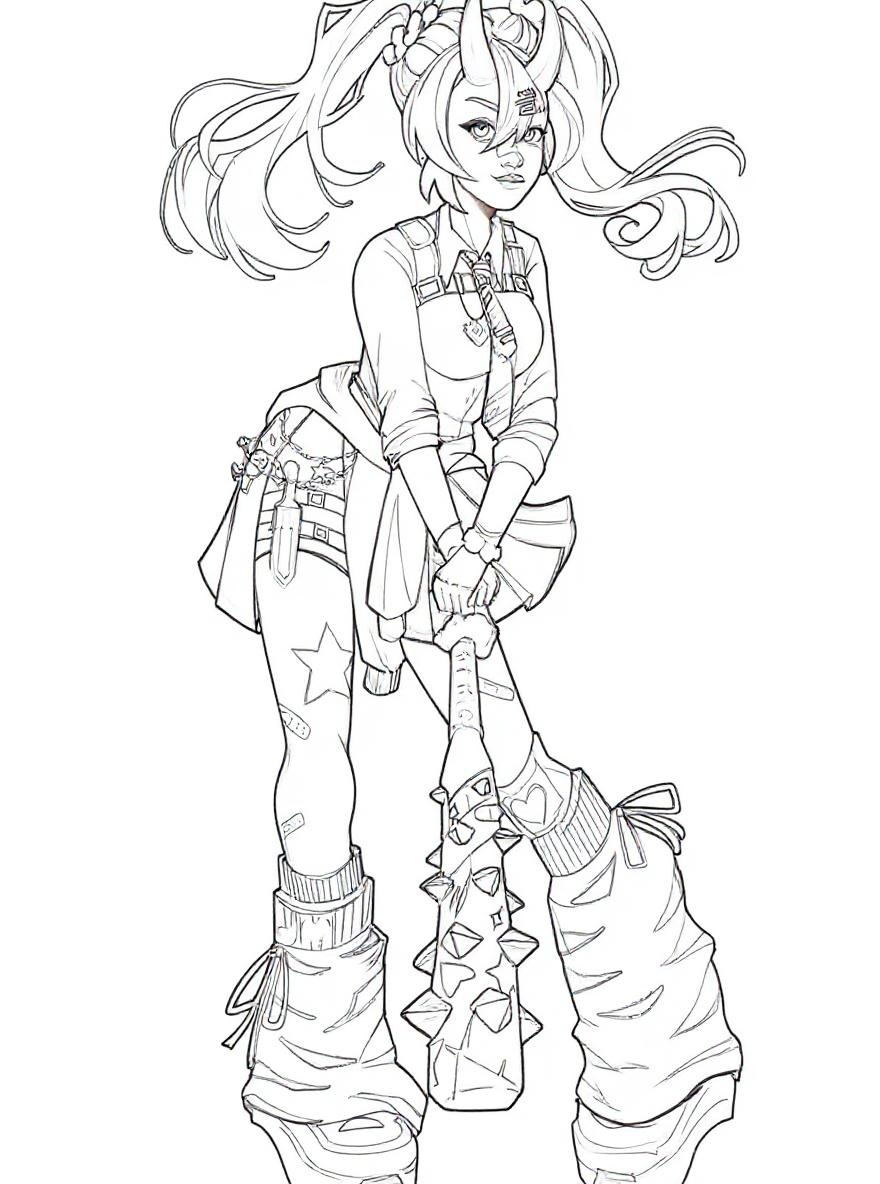 horned girl holding a spiked bat coloring page