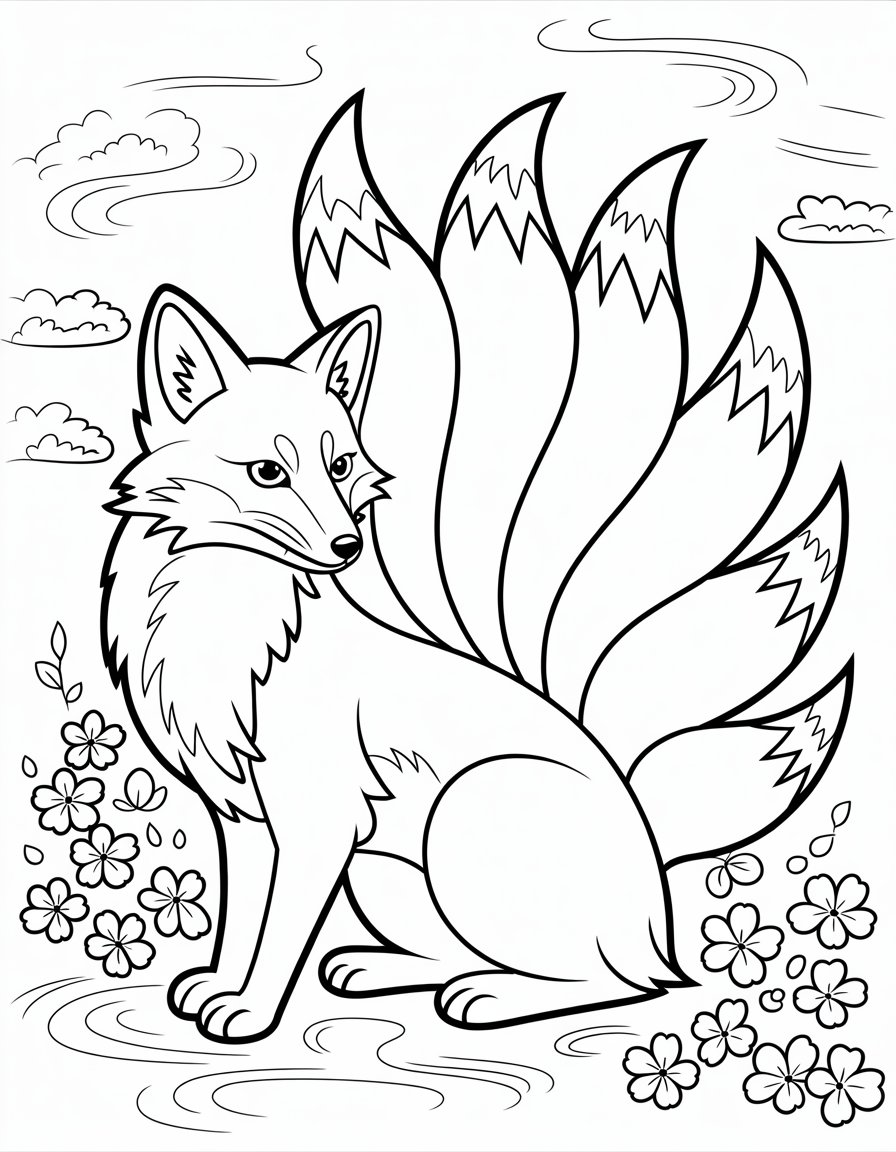 kitsune nine tailed fox coloring page