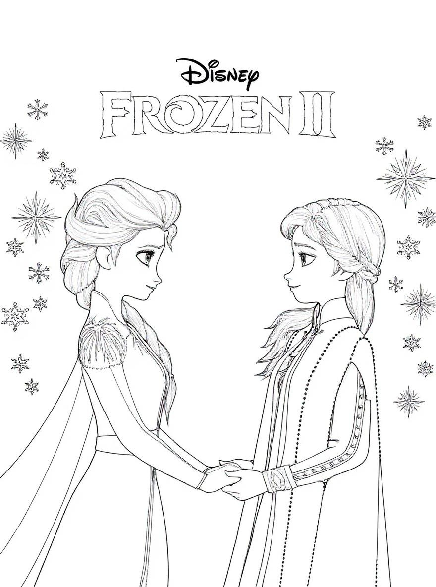 Anna and Elsa holding hands coloring page