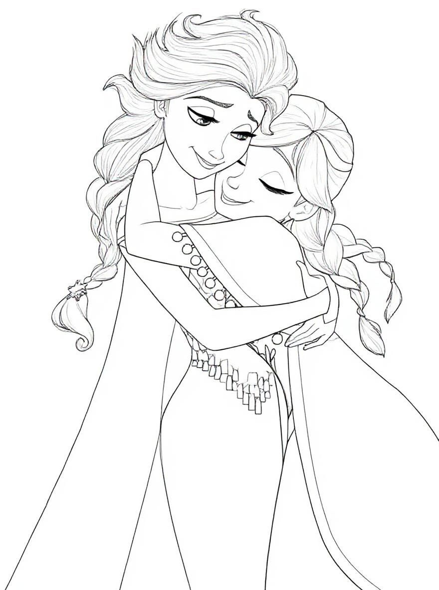 Anna and Elsa hugging coloring page