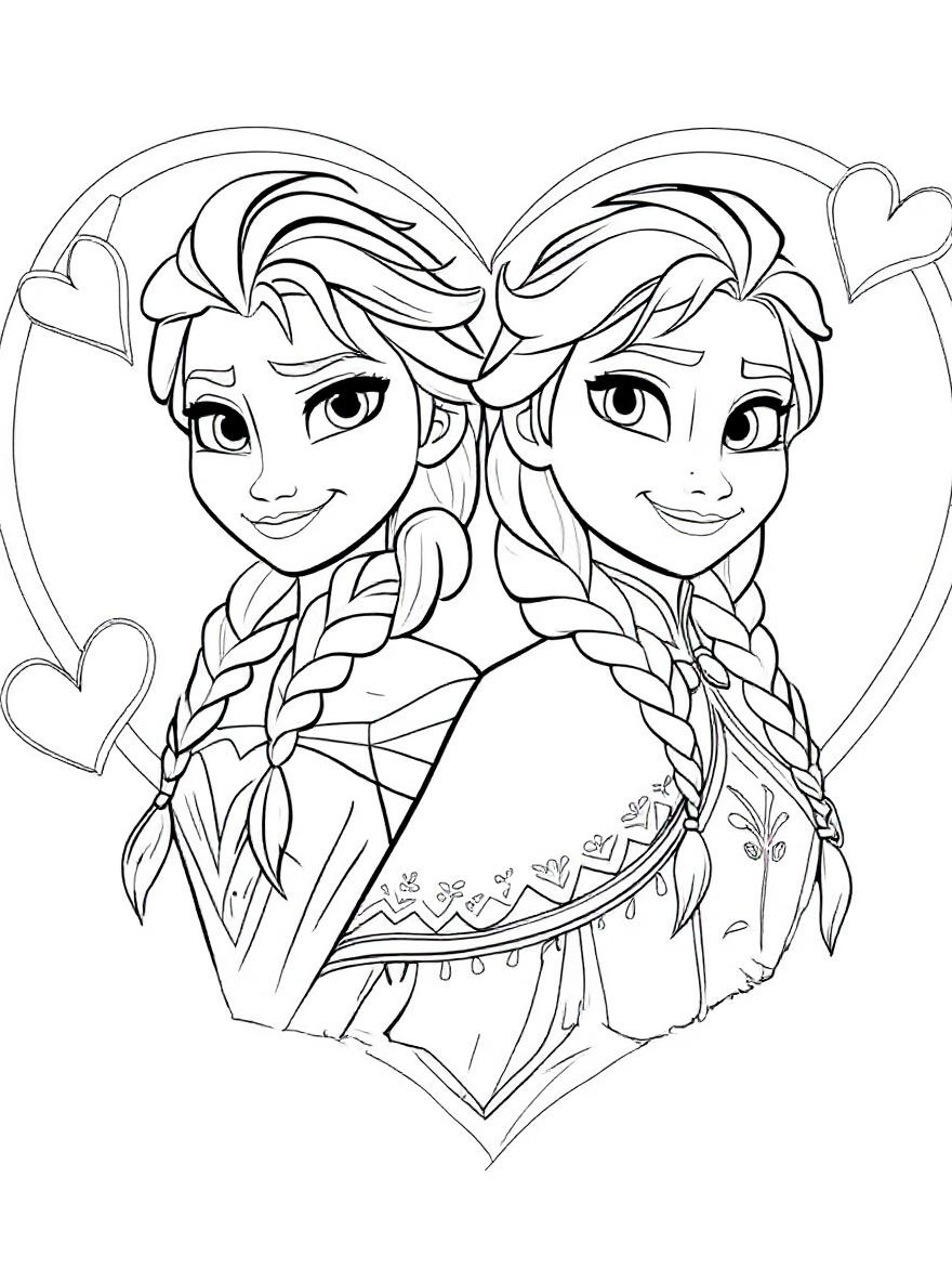 Elsa and Anna heart design coloring page