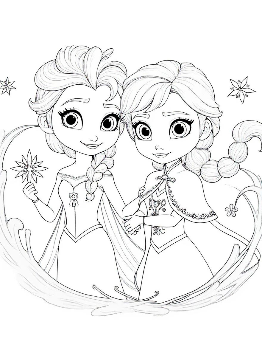 Elsa and Anna with ice and fire coloring page